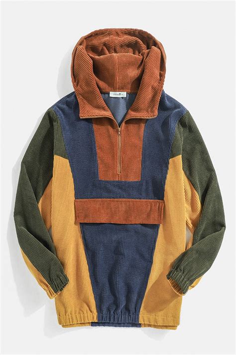 Mens Multi Color Block Stitching Corduroy Half Zip Hoodies Casual