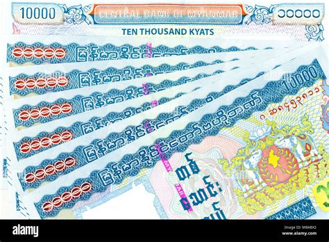 Currency Banknotes Spread Across Frame Myanmar Kyat In Various