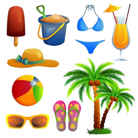 Conjunto de artículos de playa de verano icono Vector Premium