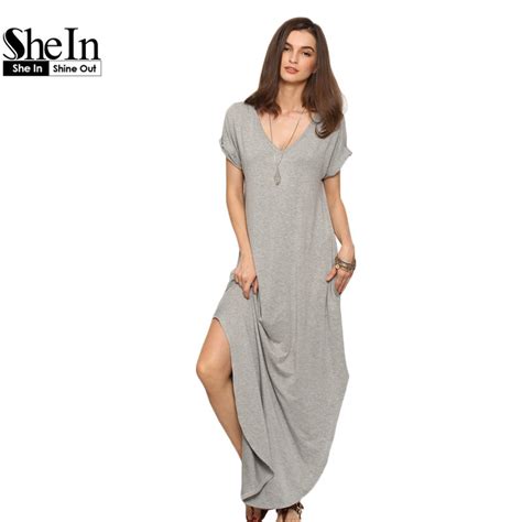 SheIn Women Summer Casual Shift Dresses Womens Plain Grey V Neck Short