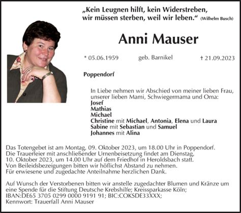 Anni Mauser Traueranzeige Trauer Infranken De