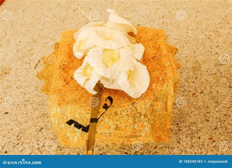 Closeup Of White And Yellow Sandalwood Flowers Or Artificial Fl Stock