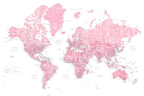 Karte Detailed pink watercolor world map Damla Blursbyai ǀ Alle