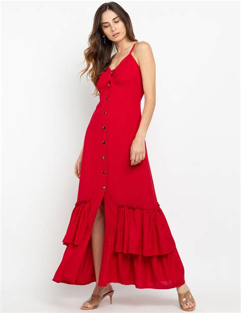 Vestido Longo Babado Vermelho Elora