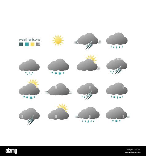 Satz Von Wettersymbole Mit Sonne Wolken Regen Schnee Und Blitz