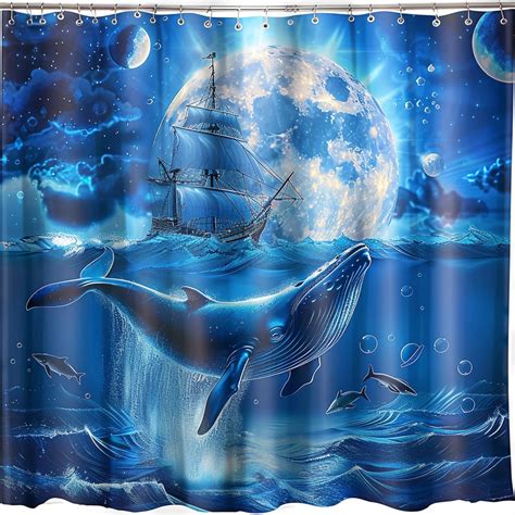 Ocean Moonlight Whales Shower Curtain Stunning Detailed Design With