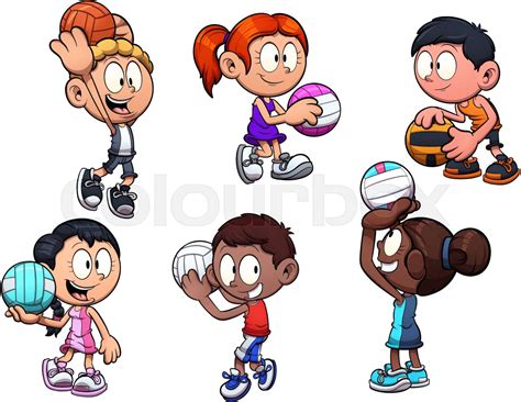 Cartoon Boys And Girls Playing Netball Vector Clip Art Illustration