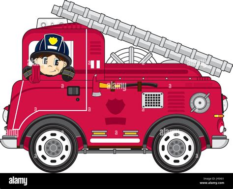 Cute Cartoon Fireman Firefighter With Fire Engine Vector Illustration