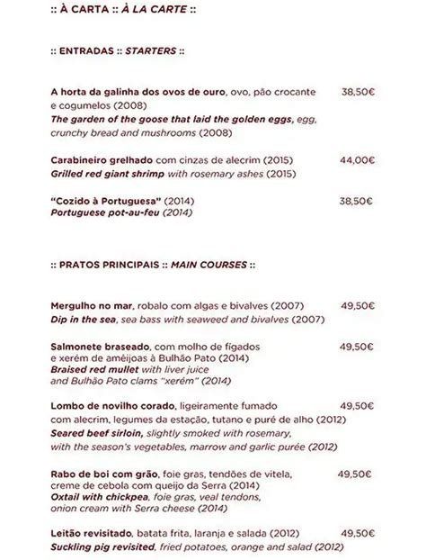 Menu at Belcanto restaurant, Lisbon, R. Serpa Pinto 10A