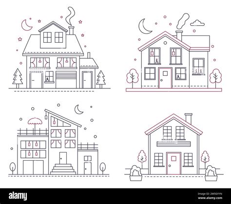 Vector Thin Line Icon Suburban American Houses Classic Architecture