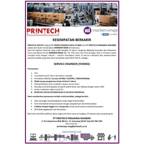 Lowongan Kerja Service Engineer Teknisi Di PT Printech Prakarsa