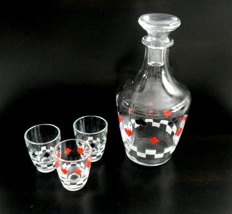 Vintage French Decanter Set Shot Glasses France Playing Cards Hearts Diamond Clubs Sade