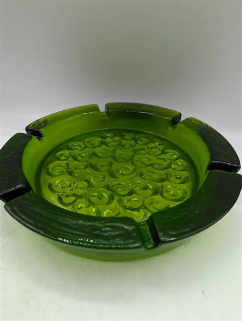 Blenko Textured Swirls Green Ashtray Joel Myers Mcm Paintbrush Etsy