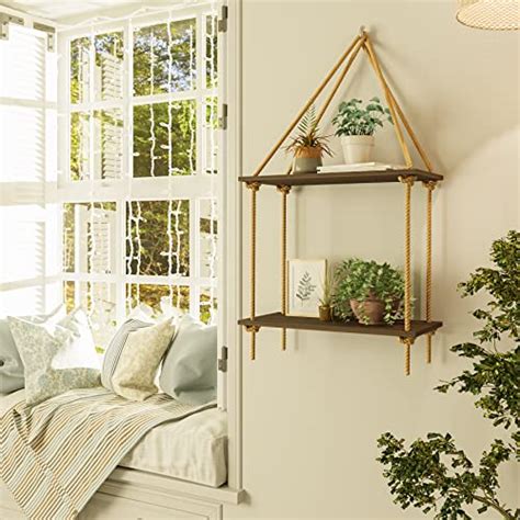 Bamfox Hanging Wall Shelves Swing Rope Floating Shelf 2 Tier Bamboo Hanging Storage Shelves For