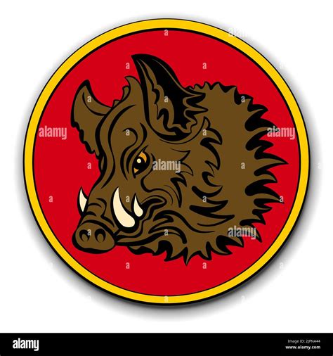 Wild Hog Boar Feral Pig Round Red Button And Symbol With Yellow