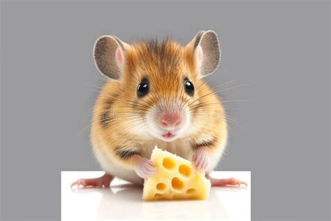 Cute Mouse Eating Cheese Sandwich On White Background Stock