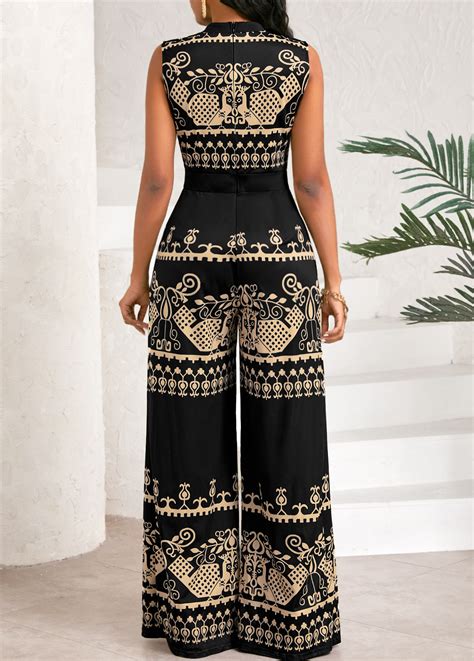 Tribal Print Patchwork Black Long Stand Collar Sleeveless Jumpsuit