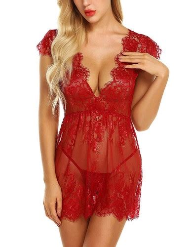 Sexy Womens Lace Deep V Lingerie Sheer Nightgown Babydoll G String Us Fast Ebay
