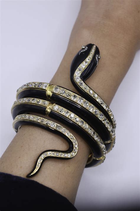 Antique Victorian 18k Gold & Black Enamel Diamond Snake Bracelet - Eleuteri