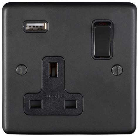 Eurolite Stainless Steel Matt Black 1 Gang 13a Switched Socket With Usb Charger Black Rocker