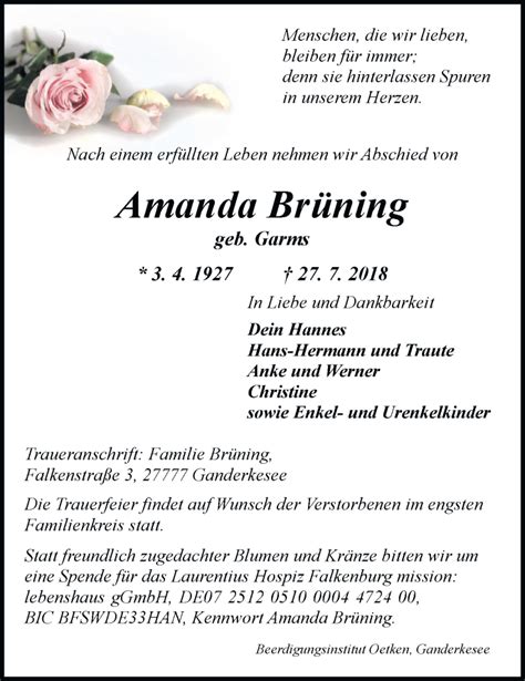 Traueranzeigen Von Amanda Br Ning Nordwest Trauer De