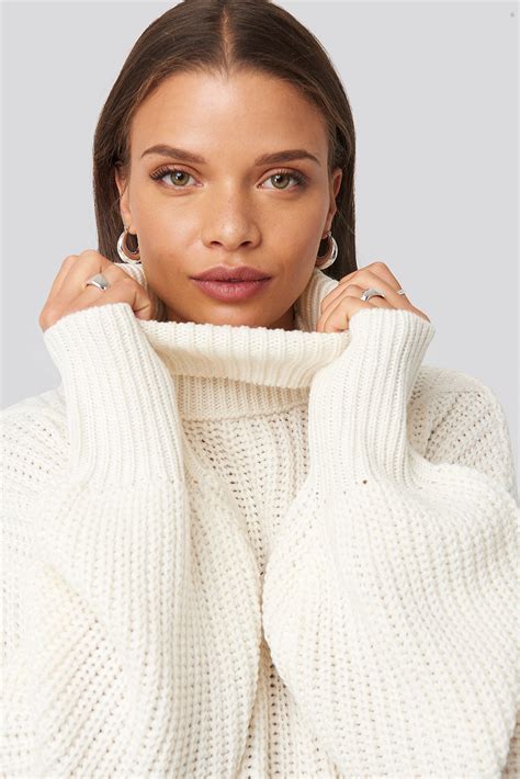 Ribbed Polo Cable Knit Sweater White Na