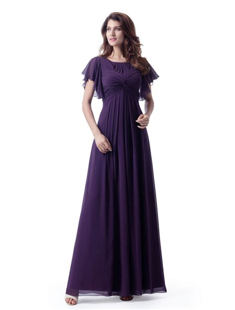 Purple A Line Long Modest Bridesmaid Dresses With Flutter Sleeves