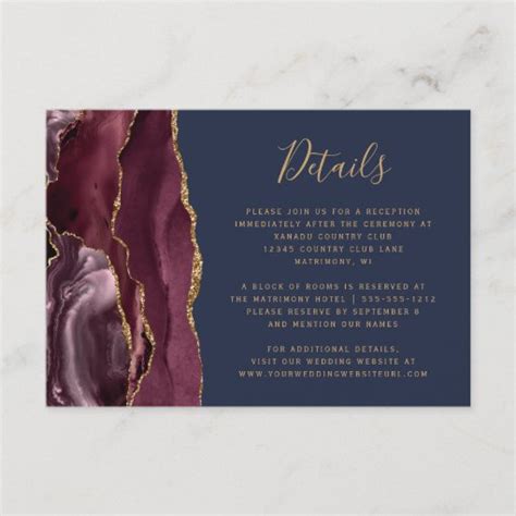 Burgundy Gold Agate Navy Blue Wedding Details Enclosure Card Zazzle