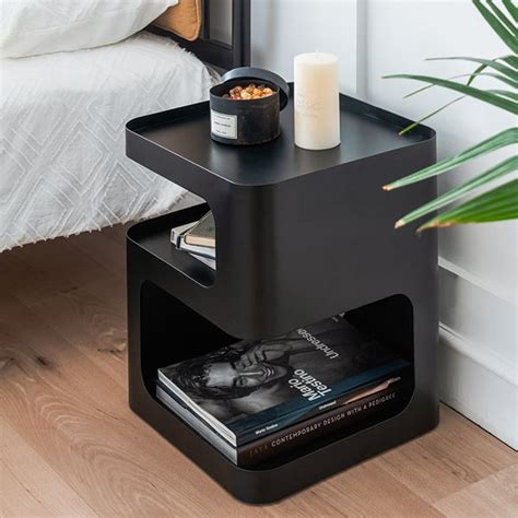 Modern Black End Table With Storage Tier Hollow Side Table In