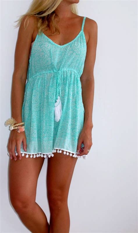 Mint Pom Pom Jumpsuit Playsuit Short Beach Dress Mint Green And