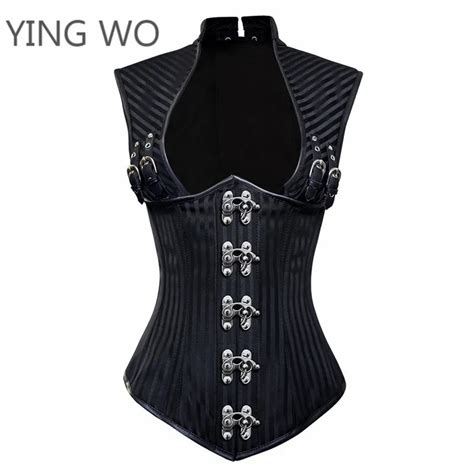 Black Cupless High Neck Steampunk Corset With Buckles Rocker Style