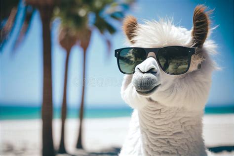 Portrait Of Alpaca In Sunglasses At The Resort Ai Generated Stock