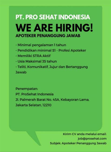 Loker Apoteker Penanggung Jawab Pt Pro Sehat Indonesia Bekal Nakes