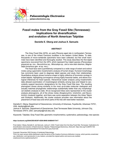 (PDF) Fossil moles from the Gray Fossil Site (Tennessee): Implications for diversification and ...