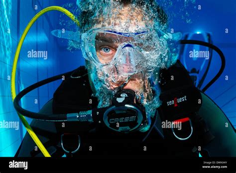 Scuba Diver With Air Bubbles Portrait In A Swimming Pool Nuremberg