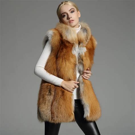 European Style Women Fashion Red Fox Fur Vest With Collar Fashion Real