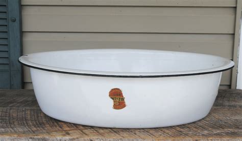 Vintage Enamelware Wash Tub Basin White With Black Trim Lisk