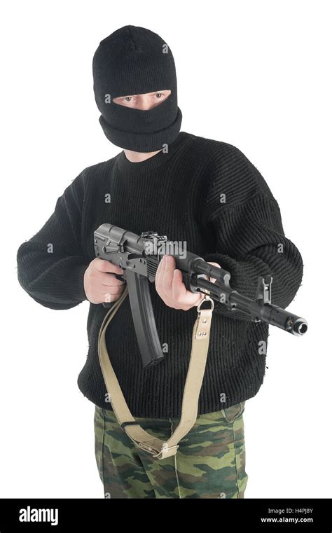 Man In Black Mask Stands With Ak 74 Machine Gun Stock Photo Alamy