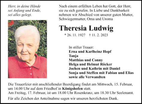 Traueranzeigen Von Theresia Ludwig Trauerportal Ihrer Tageszeitung