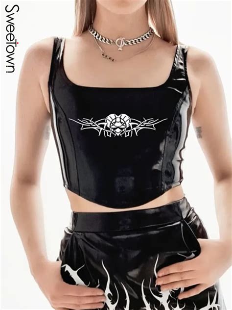 Sweetown Dark Academic Black Pu Leather Tank Vest Goth Print Punk