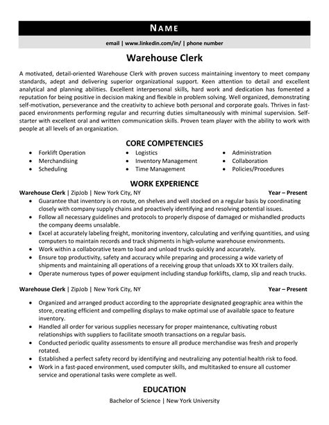 Warehouse Clerk Resume Example 2021 Zipjob