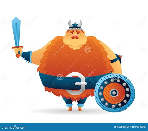 Cartoon Viking Cute Fat Norwegian, Scandinavian Character with Sword and Shield Stock Vector ...