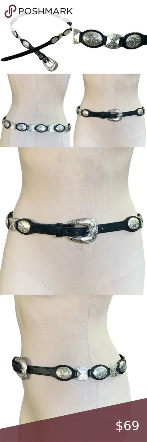 Vtg Tony Lama Sz 32 Black Silver Concho Link Leather Belt Western