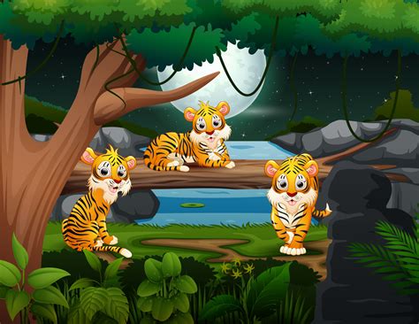 Cartoon Of Three Tigers By The River At Night Landscape Vector