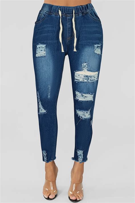 Wholesale Deep Blue Casual Solid Ripped High Waist Regular Denim Jeans