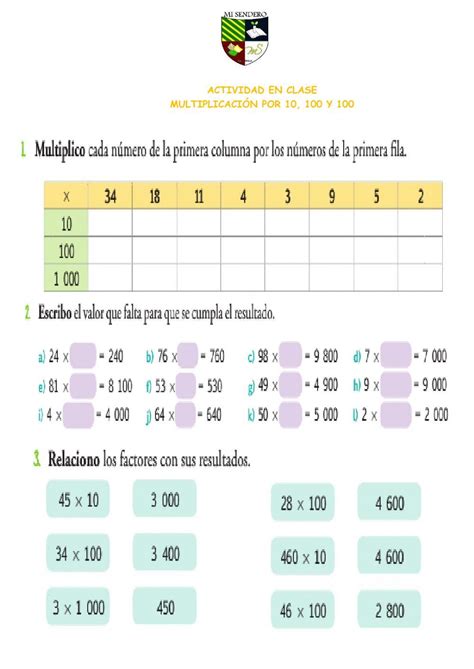 Multiplicación por 10 100 y 100 worksheet Actividades en clase