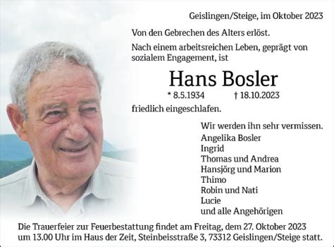 Traueranzeigen Von Hans Bosler S Dwest Presse Trauer