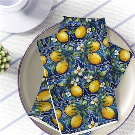 Blue Italian Napkins Amalfi Inspired Lemon Napkins Blue Tile And