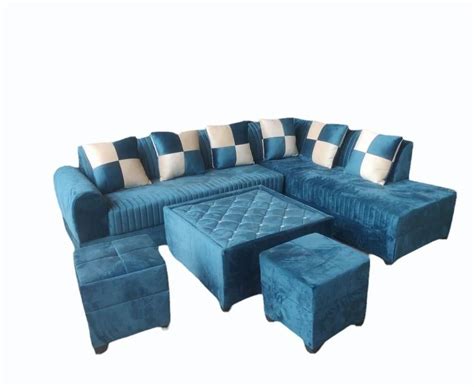 Seater Wooden Blue Velvet L Shape Sofa Set With Lounger At Rs