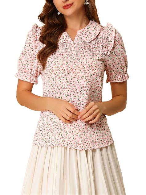 Allegra K Women S Floral Peter Pan Collar Smocked Puff Short Sleeve